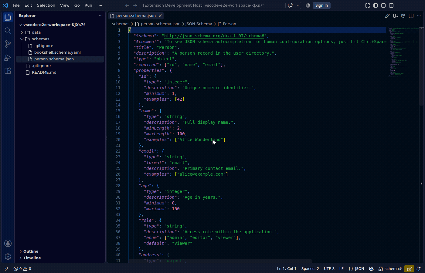 The JSON Schema command prefix, the grouped toolbar menu, and the getting-started walkthrough
