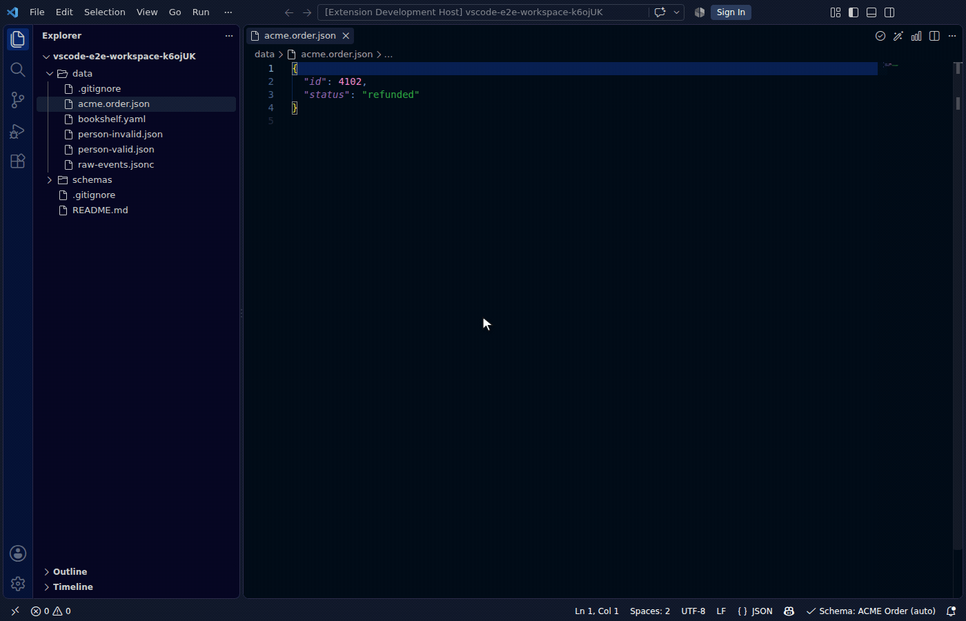 A schema catalog binding a file by name, with the status bar showing the auto-resolved schema