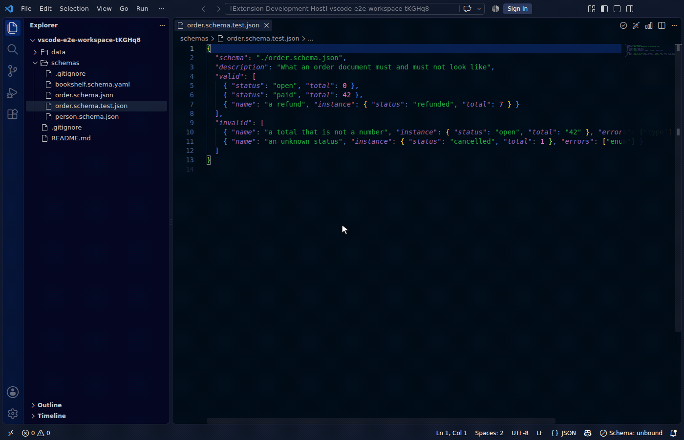 Running a schema test suite and landing on the failing case